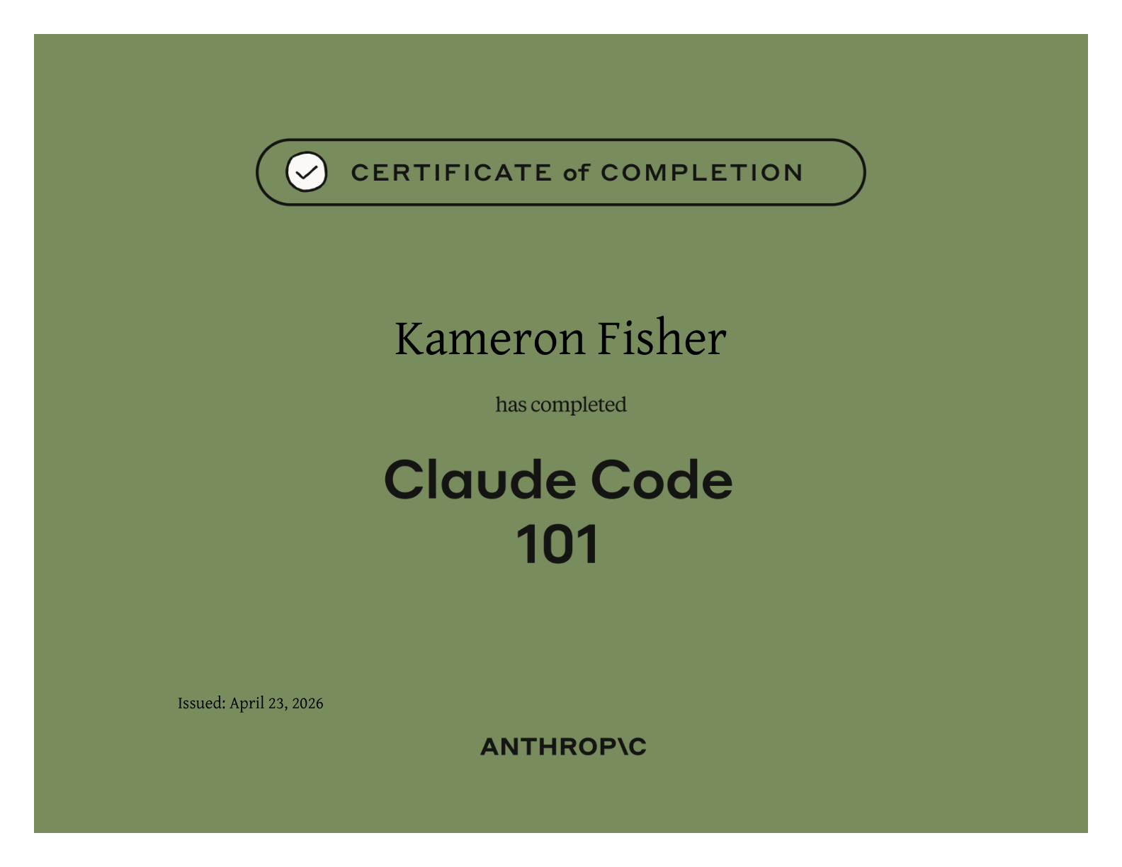 Claude Code 101 – Certificate of Completion issued April 23, 2026